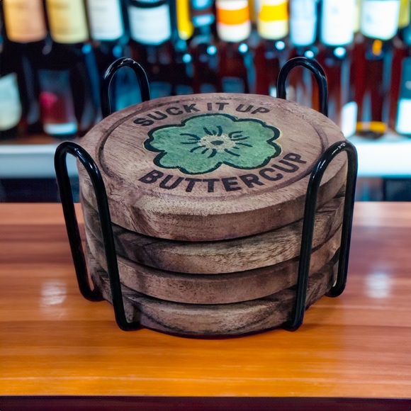 Hand Crafted Other - Wooden Coaster Set - "Suck It Up Buttercup" Engraved Design with Holder